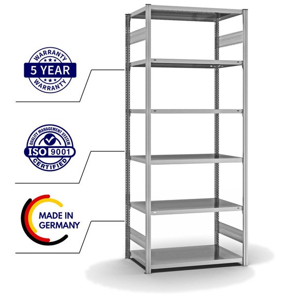 PROREGAL Fachbodenregal Stecksystem T-Profil Light-Duty Grundregal HxBxT 250 x 100 x 60 cm 6 Ebenen Fachlast 140 kg Beidseitig Nutzbar Verzinkt