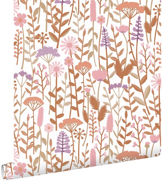ESTAhome Tapete Feldblumen Terrakotta, Lila und Rosa - 50 x 900 cm - 131553