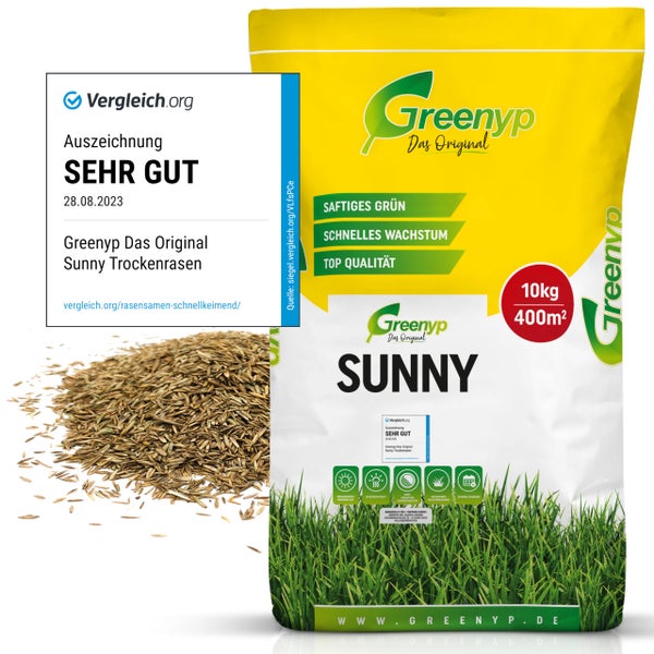 Greenyp Sunny I Dürreresistenter Trockenrasen I 10kg für 400m² I Grassamen Rasensamen Rasensaat Gras Nachsaat schnellkeimend