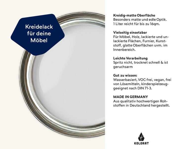 Kolorat Kreidefarbe für Möbel - ein kühler Weißton mit einem Hauch Grau versetzt - Farbton Wolkenschein Nr. 106. Matter Kreidelack für innen - Möbellack, Möbelfarbe - Holzfarbe - Kreidefarbe für Holz