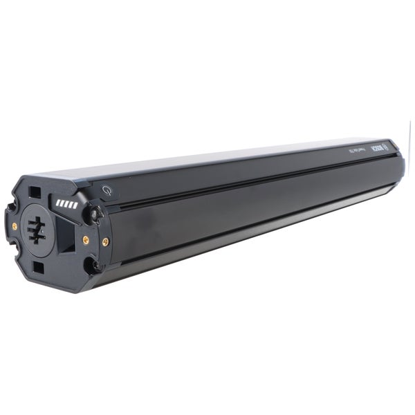 Bosch PowerTube 750 Akku für Elektrofahrräder, schwarze röhrenförmige Lithium-Ionen-Batterie mit Statusanzeige.
