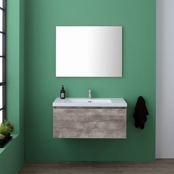 Modernes Badezimmer mit Waschtischunterschrank, Waschbecken, Spiegel, Armatur und Handtuch