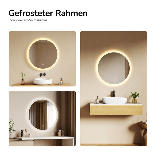 Runder Badezimmerspiegel mit integrierter LED-Beleuchtung und gefrostetem Rahmen in einer minimalistischen Badezimmereinrichtung.
