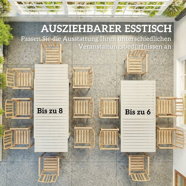 Draufsicht auf einen ausziehbaren Gartentisch in zwei Größen für sechs bis acht Personen mit Holzstühlen auf einer Steinterrasse.