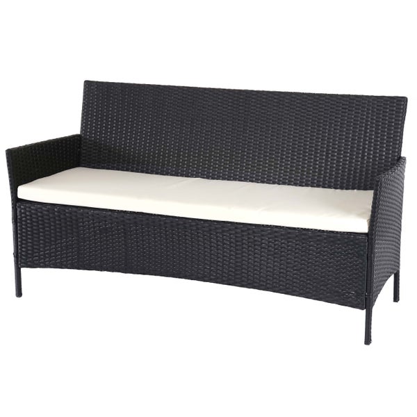 Gartenbank aus dunklem Polyrattan-Geflecht mit heller Sitzauflage, Armlehnen und hoher Rückenlehne.