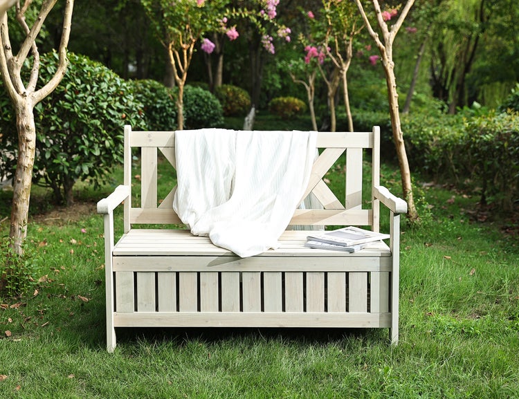 needs&wants® Gartenbank Holz wetterfest mit Stauraum und Abdeckung, 2-Sitzer Truhenbank Holzbank klassisch, Parkbank Sitzbank massiv Garten Outdoor mit Truhe, Naturholz Massivholz, grau-beige