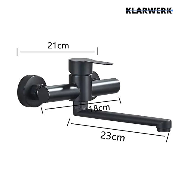 KLARWERK Wand-Küchenarmatur, Einhandmischer, Schwenkauslauf. Maße: Breite 21 Zentimeter, Abstand 18 Zentimeter, Auslauf 23 Zentimeter. KLARWERK Logo.