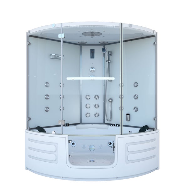 Whirlpool-Duschkabine mit Glaswänden, mehreren Massagedüsen, Regendusche, Handbrause und integrierter Badewanne.