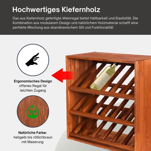Weinregal aus Kiefernholz mit modularem, offenem Design für ergonomischen Zugriff.