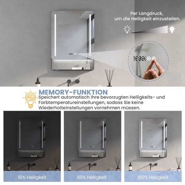Beleuchteter Badezimmerspiegel mit Ablage, Digitaluhr, Touchbedienung, Memory-Funktion und stufenlos einstellbarer Helligkeit.
