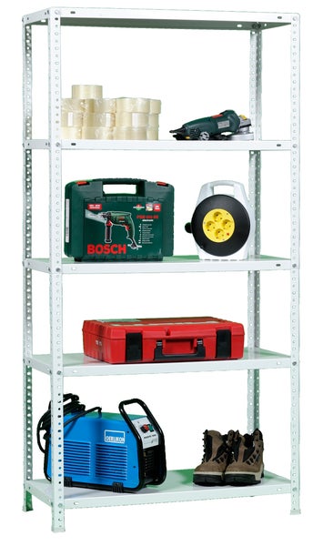 Weißes Metallregal mit fünf Fachböden, bestückt mit Werkzeugen wie Bohrmaschinenkoffer, Kabeltrommel, Schweißgerät und Arbeitsschuhen.