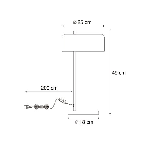 Technische Zeichnung einer Tischleuchte mit den Massen: Lampenschirmdurchmesser 25 cm, Fussdurchmesser 18 cm, Höhe 49 cm, Kabellänge 200 cm