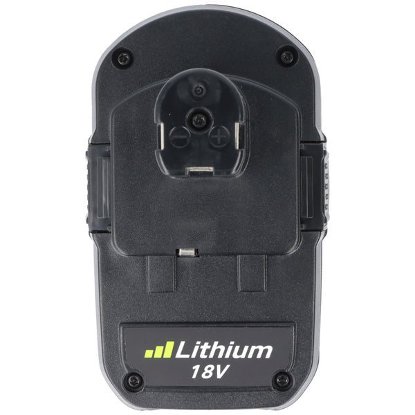 Schwarzer Lithium-Ionen-Akku 18 Volt aus Kunststoff für Elektrowerkzeuge, Draufsicht auf die Anschlussseite.