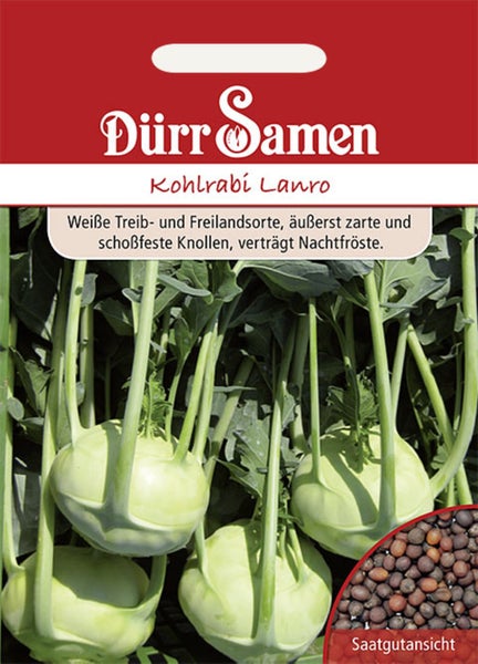 Samentüte Kohlrabi Lanro von Dürr Samen für Treib- und Freilandanbau mit Detailansicht der Samen.