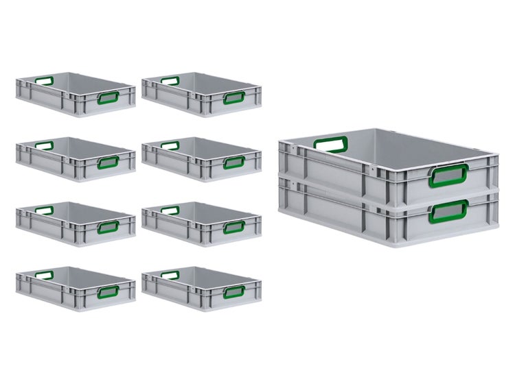 PROREGAL Spar Set 10x Eurobox Nextgen Color HxBxT 12 x 40 x 60 cm 23 Liter Griffe Grün Offen Glatter Boden Eurobehälter Transportbox
