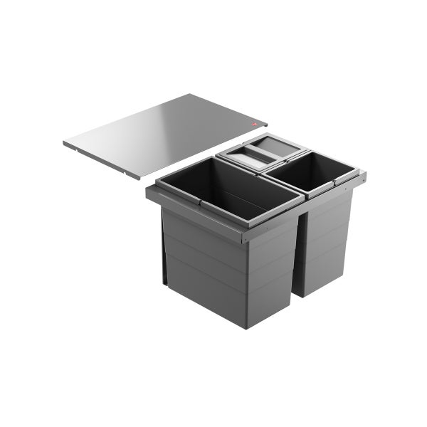 Einbau-Abfalltrennsystem aus Kunststoff mit drei grauen Behältern und einer Abdeckplatte.