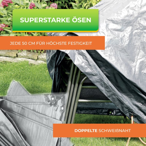 Schutzhülle für Gartenmöbel mit verstärkten Ösen im Abstand von 50 Zentimetern und doppelter Schweißnaht.