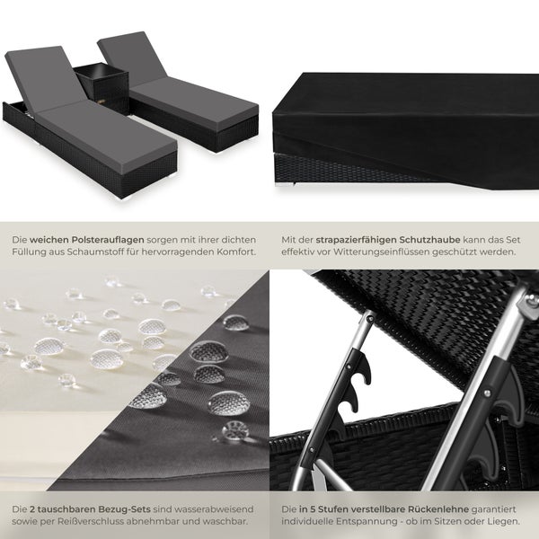 2er Set Rattan Sonnenliegen tectake  wetterfest und UV-beständig mit Aluminiumgestell schwarz