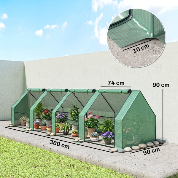 Folientunnel Gewächshaus mit Gitterfolie, Maße 360 mal 90 mal 90 Zentimeter, inklusive Detailansicht der 10 Zentimeter Bodenlasche zur Befestigung.