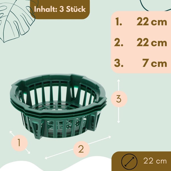 Drei grüne Pflanzkörbe mit Größenangaben.