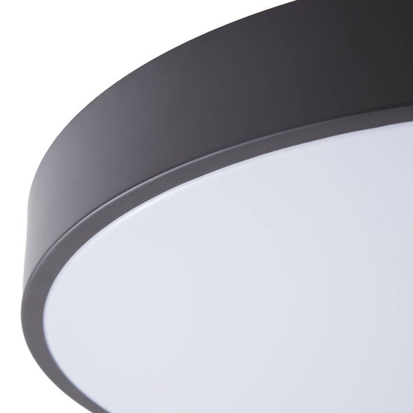 Detailansicht einer runden Deckenleuchte mit schwarzem Metallrand und weißer Kunststoffabdeckung.