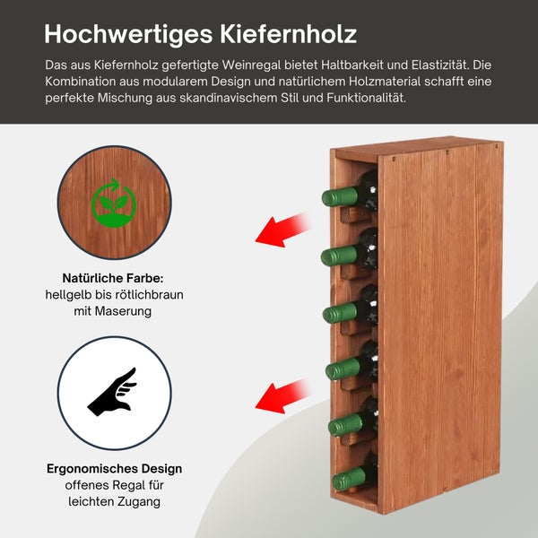 Weinregal aus Kiefernholz mit Platz für sechs Flaschen, modulares Design mit offenem Regal für einfachen Zugriff.