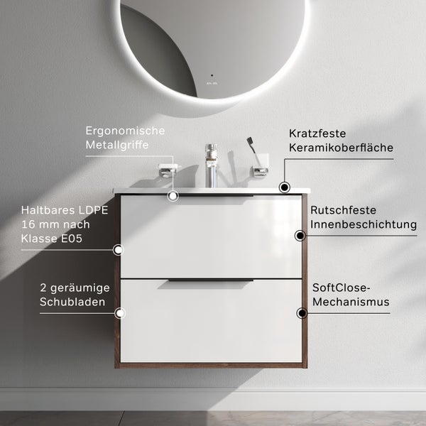 Wandhängender Waschtischunterschrank mit zwei Schubladen, Softclose Mechanismus, kratzfester Keramikoberfläche und ergonomischen Metallgriffen.