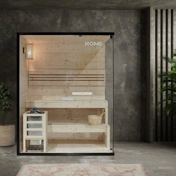 Home Deluxe - Traditionelle Sauna - Shadow L - 150 x 120 x 190 cm - für 3 Personen - hochwertiges Fichtenholz, inkl. Saunaofen, Saunazubehör I Dampfsauna Aufgusssauna Finnische Sauna Bio Sauna