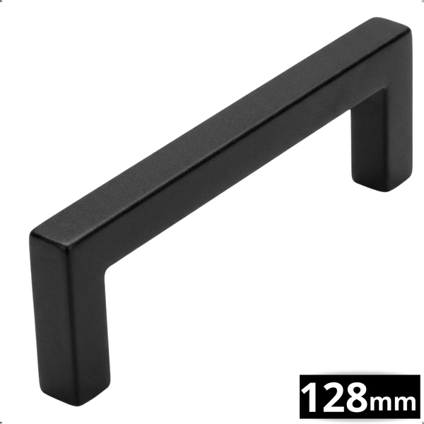 Schwarzer Möbelgriff aus Metall, eckiges Design mit matter Oberfläche.