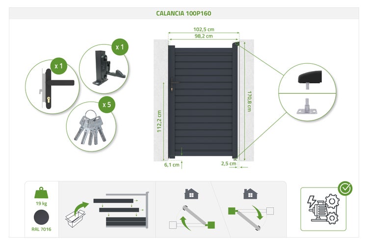Aluminium-Gartentor CALANCIA 100P160, Breite 102,5 Zentimeter, inklusive Klinke, Schloss, fünf Schlüssel, Gewicht 19 Kilogramm, Anthrazitgrau.