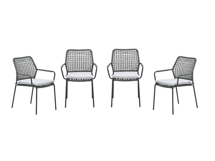 Vierteiliges Set Gartenstühle mit Armlehnen, dunkles Seilgeflecht und hellgraue Sitzkissen.