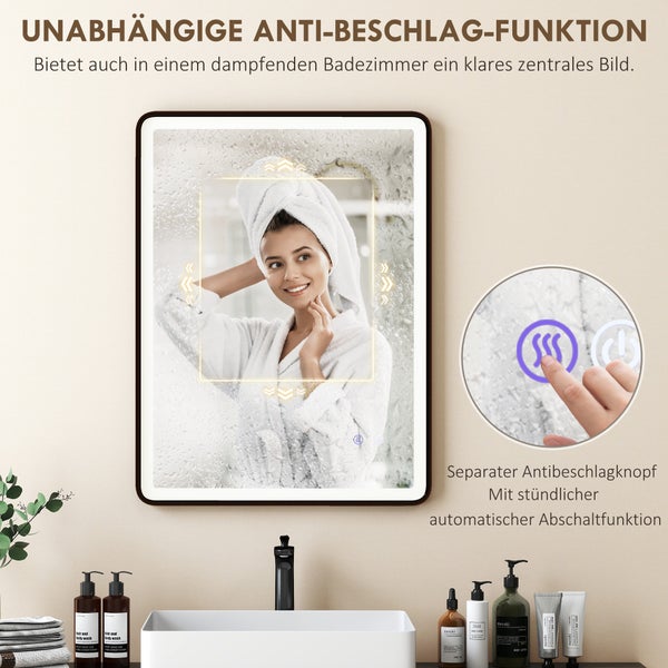 Badezimmerspiegel mit Anti-Beschlag-Funktion und Touch-Sensor. Ein klares zentrales Feld im beschlagenen Spiegel demonstriert die Funktion.