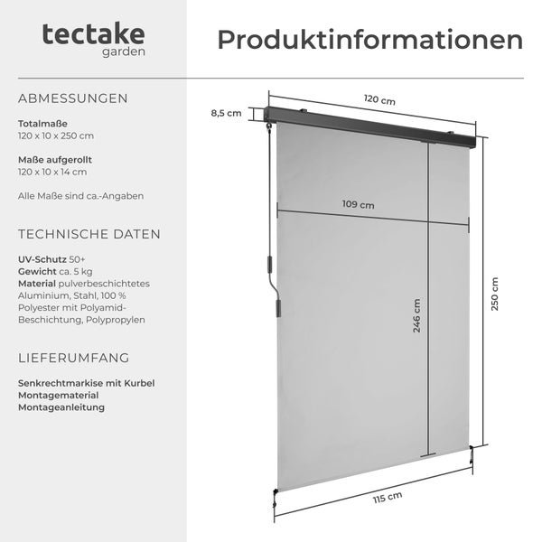 Senkrechtmarkise tectake Eloise inkl. Wandhaltern verschiedene Größen hellgrau