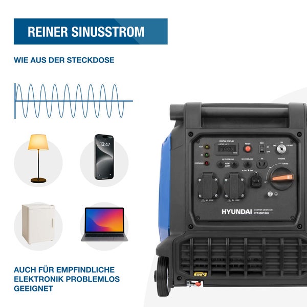 Hyundai Inverter Stromerzeuger HY4501SEi mit reinem Sinusstrom für empfindliche Elektronik wie Laptops, Lampen und Smartphones.