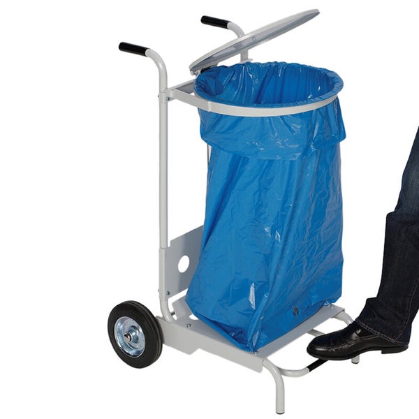 Mobiler Müllsackständer mit Deckel, Fußpedal und Rädern aus Metall.