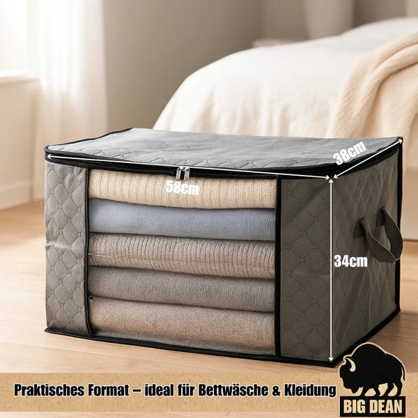 Stoff Aufbewahrungsbox mit Reißverschluss und Sichtfenster für Kleidung und Bettwäsche 58 mal 38 mal 34 Zentimeter von Big Dean Logo