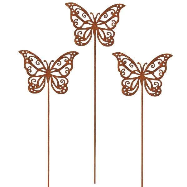Gartenstecker Schmetterling aus Metall mit Edelrost-Optik, Set aus drei Stück für die Beetdekoration.