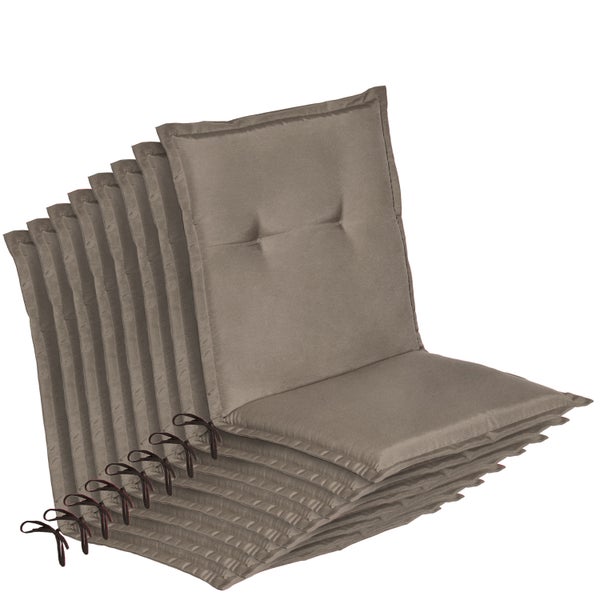 Set aus acht taupefarbenen Polsterauflagen für Gartenstühle mit Rückenlehne, Bindebändern und Steppung.