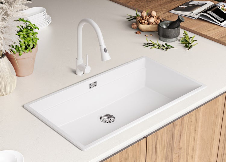 PRIMAGRAN Spülbecken Alles Weiß 86x47cm, Granitspüle 1 Becken + Ablauf-Set + Aufrollbare Abtropffläche, Küchenspüle ab 90er Unterschrank - Praga Slim