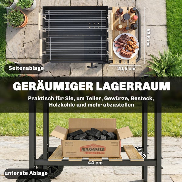 Holzkohlegrill mit Seitenablage, Maße 53,5 mal 20,5 Zentimeter, und unterer Ablage, Maße 44 mal 42 Zentimeter, für Zubehör.