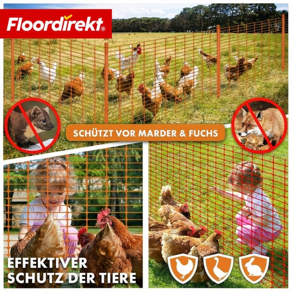Floordirekt Logo. Oranger Geflügelzaun aus Kunststoff auf einer Wiese zum Schutz von Hühnern vor Marder und Fuchs.