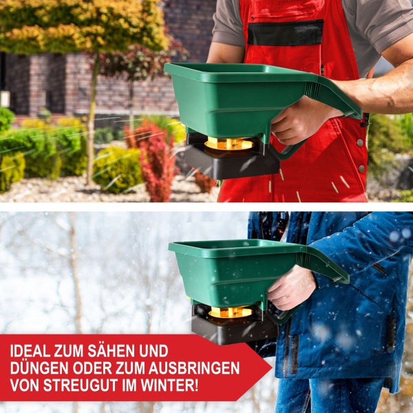 Handstreuer im Einsatz beim Düngen im Garten und beim Ausbringen von Streugut im Winter auf Schnee.