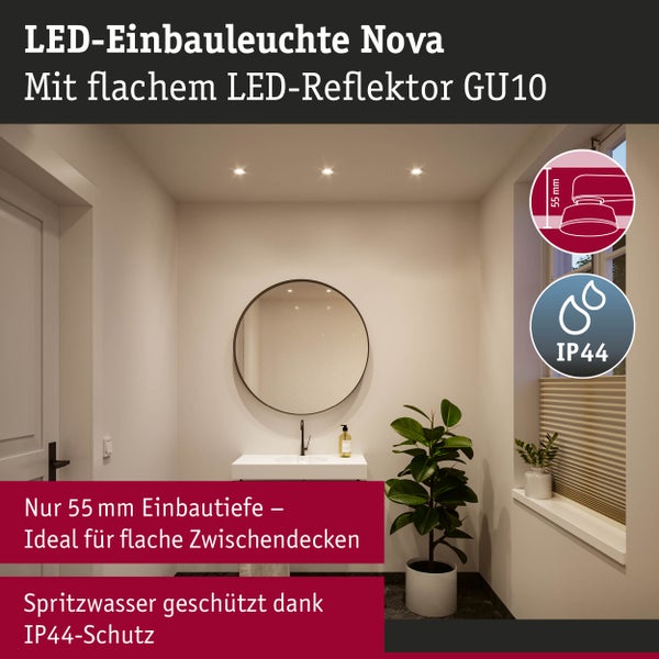 LED-Einbauleuchte Nova im Badezimmer über dem Spiegel, 55 Millimeter Einbautiefe, spritzwassergeschützt nach IP44-Schutzklasse.