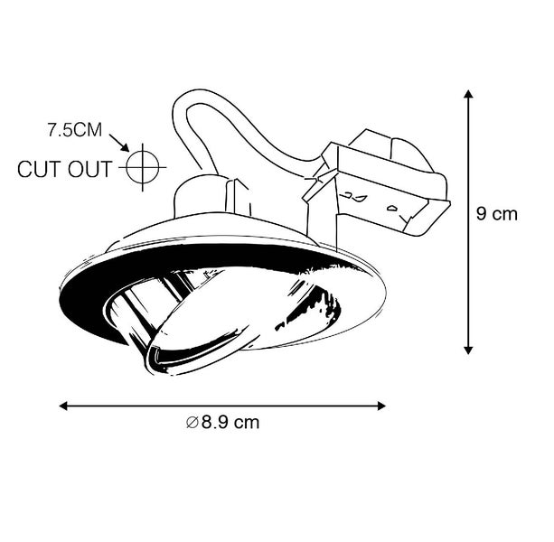 Technische Zeichnung eines Einbaustrahlers mit Maßen: Höhe 9 Zentimeter, Durchmesser 8,9 Zentimeter und Ausschnitt 7,5 Zentimeter.