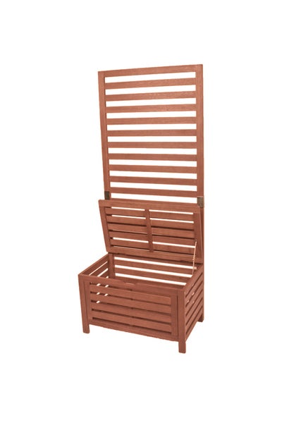 Garten-Aufbewahrungsbox aus Holz mit integrierter Rankhilfe und offenem Deckel.
