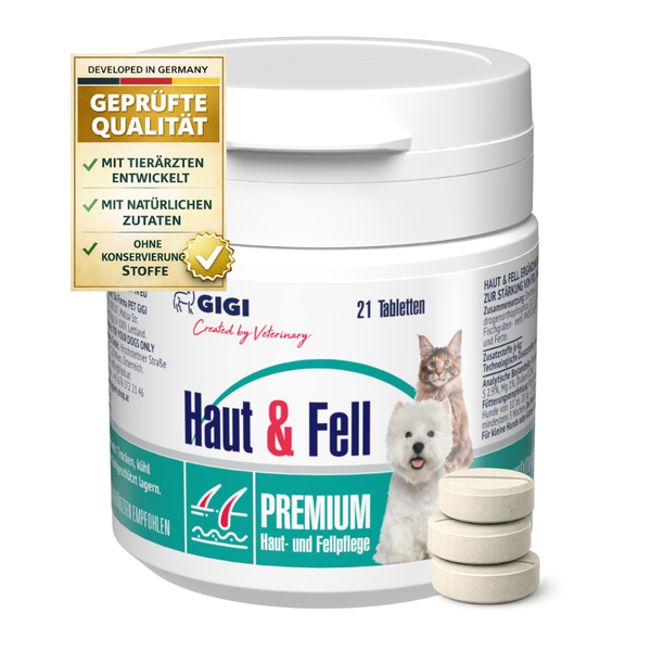 GIGI Haut und Fell Premium Tabletten für Hunde und Katzen, 21 Stück. Geprüfte Qualität, entwickelt mit Tierärzten, natürliche Inhaltsstoffe.