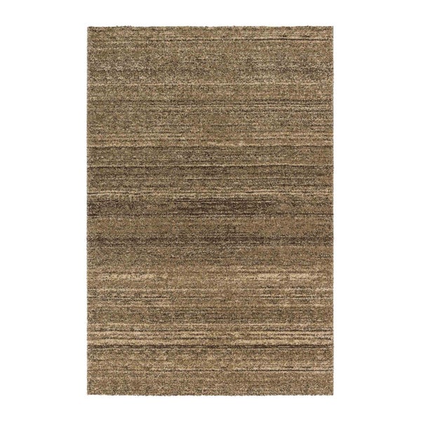 Rechteckiger Teppich mit horizontalem Streifenmuster in verschiedenen Brauntönen und Beige.