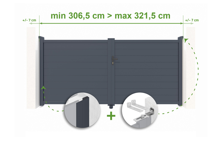 Doppelflügeltor mit Breitenangabe und Details zur Montage