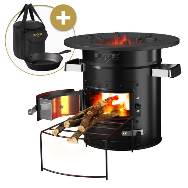 BBQ#BOSS Raketenofen mit Grillpfanne & Tragetasche, Schwarz, Campingkocher Holz mit Brennholzständer, Doppeltür, Camping BBQ Holzofen zum Kochen, Outdoor-Küche, Raketenherd für Dutch Oven Campinggrill
