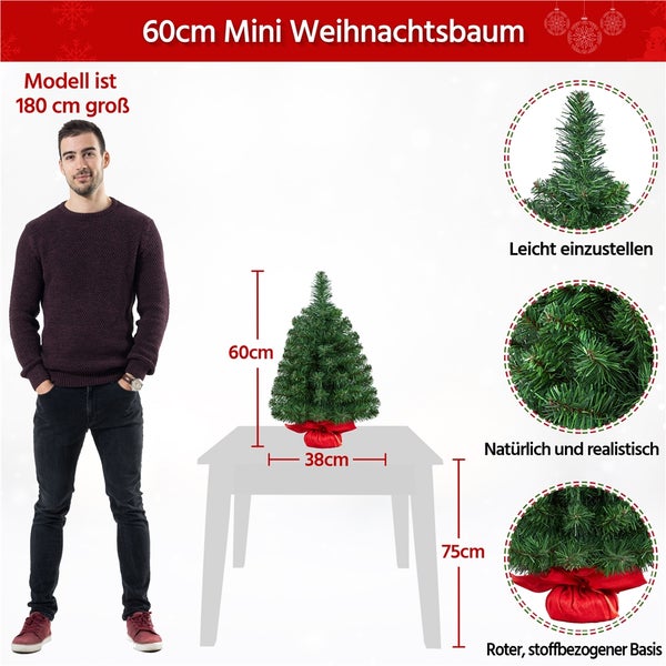 60 Zentimeter Mini Weihnachtsbaum mit roter Stoffbasis auf einem Tisch